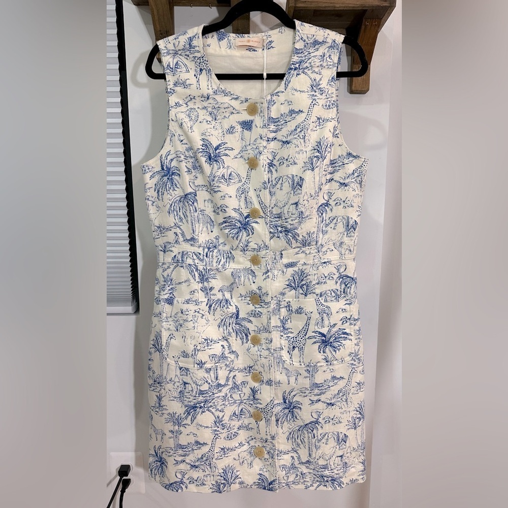 NWT Tory Burch Safari Printed Linen Shift Dress Ivory & Blue 10 - Picture 7 of 16